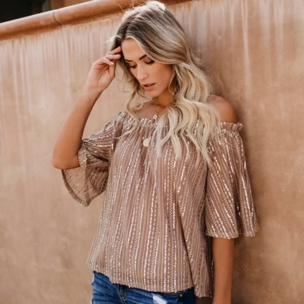 Vici Gold Sequin Off the Shoulder Top - Picture 6 of 11